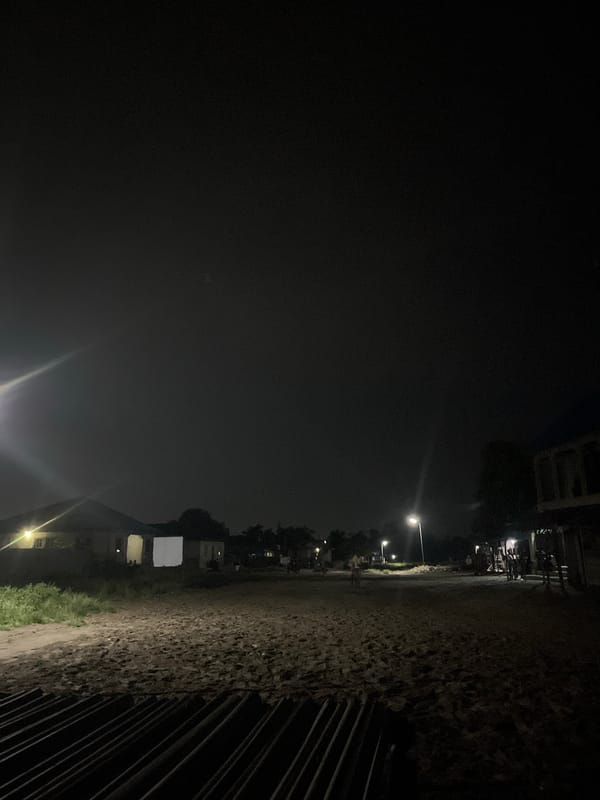 Nighttime street scene with illuminated murals documented by witness
