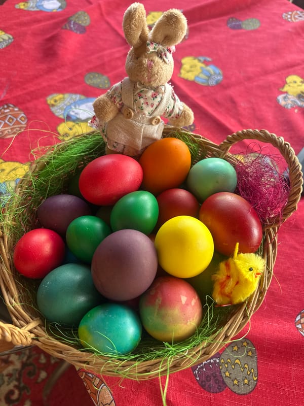 Easter basket with colorful eggs documented by witness