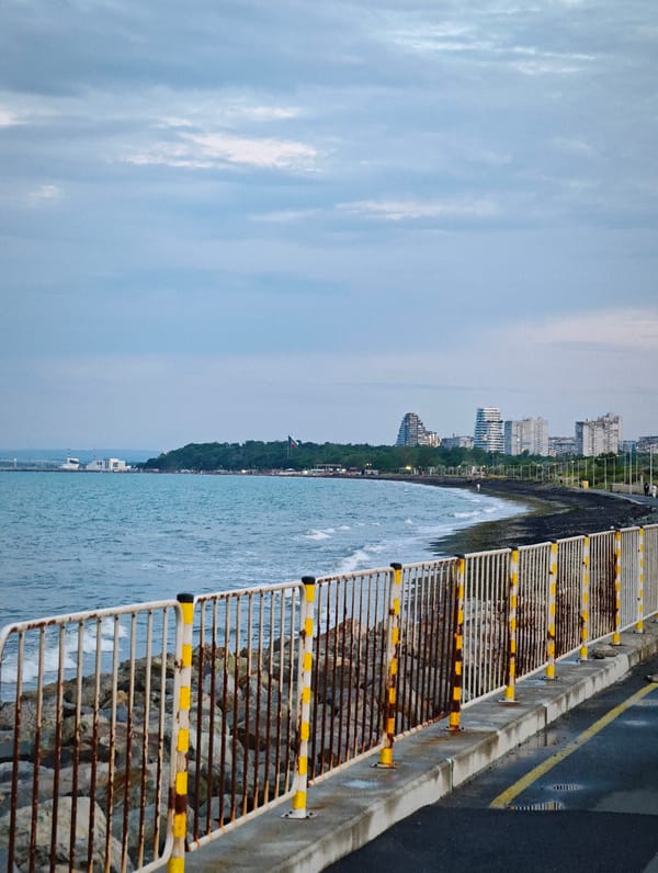Coastal road documentation captured during twilight in Burgas, Bulgaria