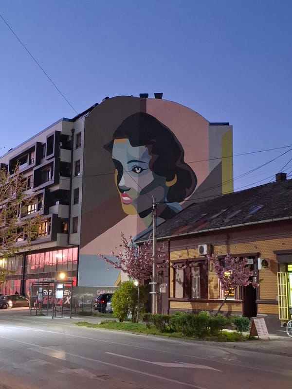 Evening street crossing observed near mural in Novi Sad