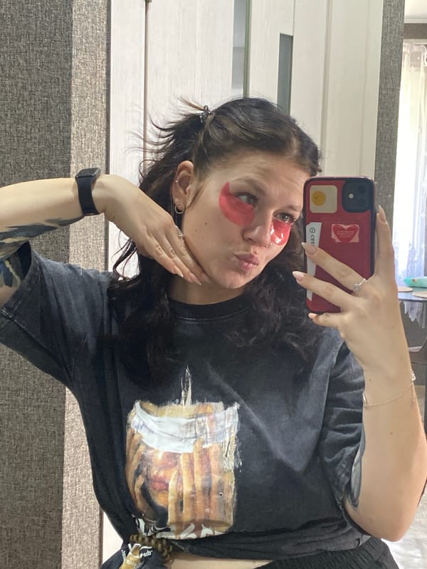 Woman takes selfie with red eye patches in Chaikovsky