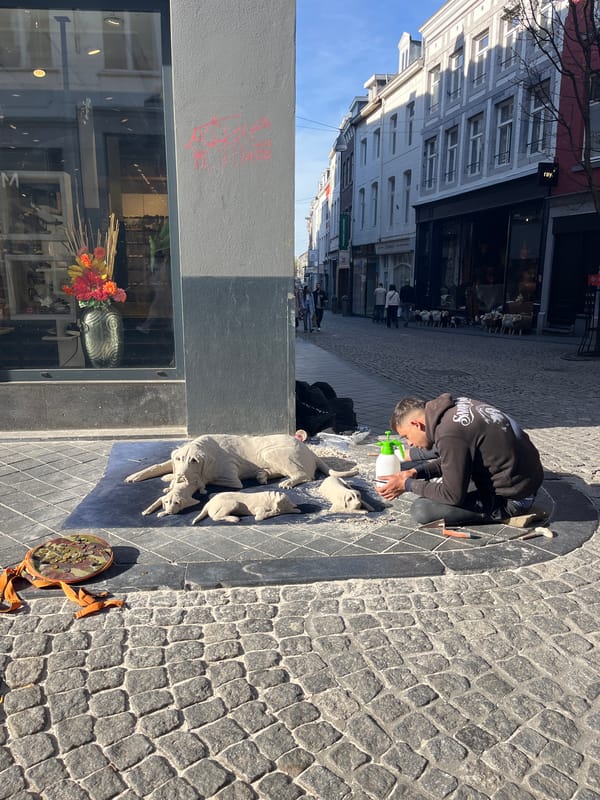 Man cleans stone dog sculpture on Maastricht street