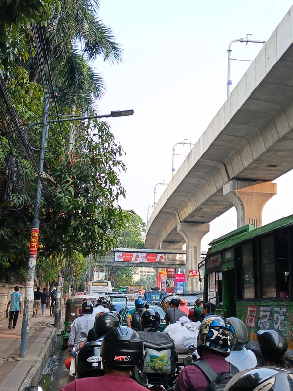 Traffic congestion observed in Dhaka street scene