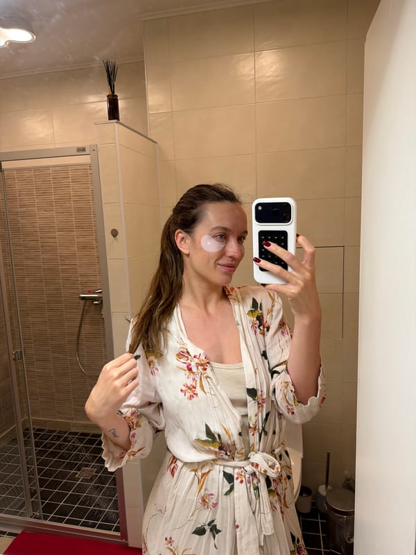 Woman documents morning routine with selfie and breakfast photos