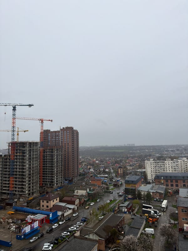 Overcast morning cityscape observed from high-rise in Rostov-on-Don
