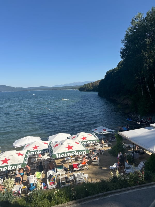 Sunny afternoon at a Heineken-sponsored lakeside beach club, Bulgaria
