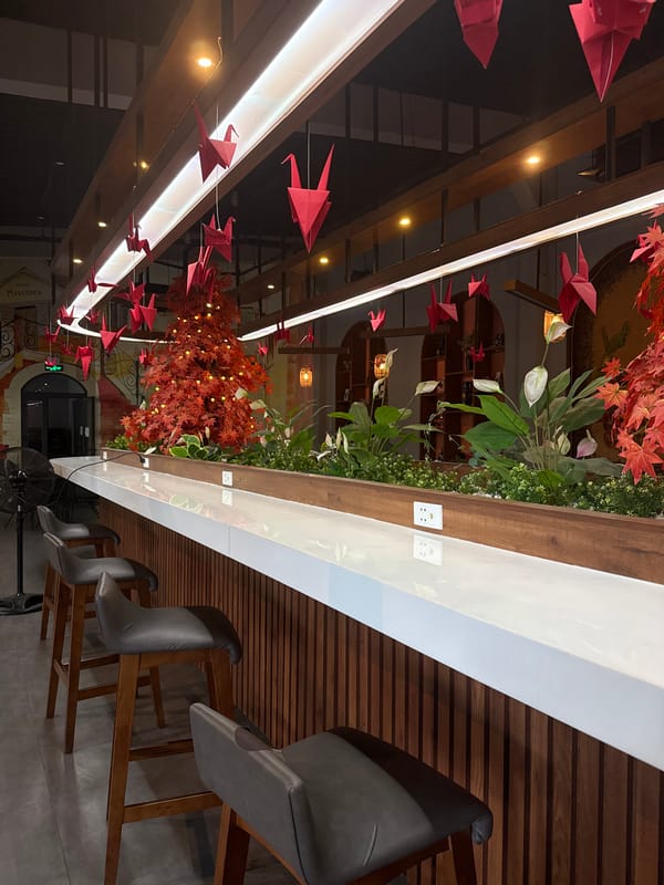 Inside a garden café with koi ponds in Nha Trang