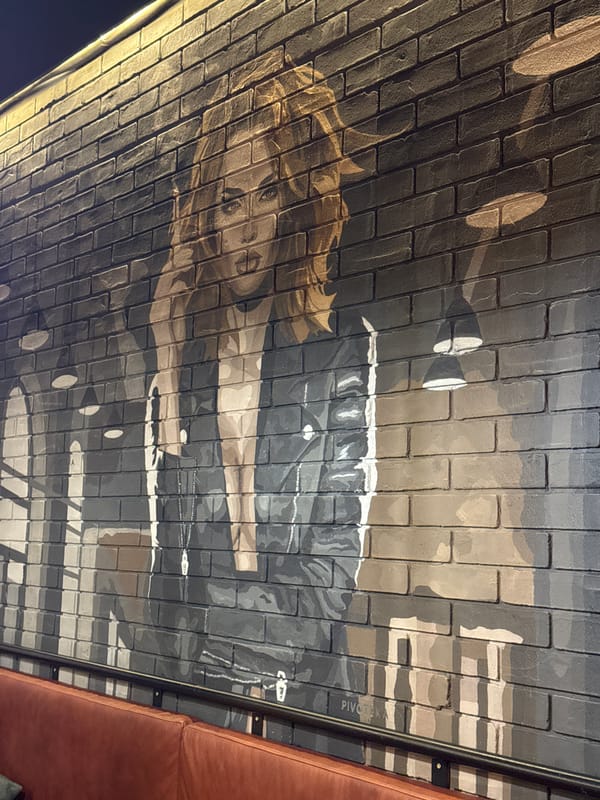 Bar interior with mural, menu documented in Podgorica