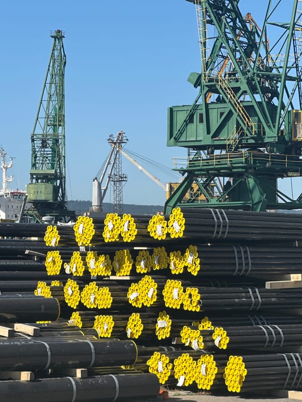 Port cranes, stacked pipes, and urban greenery on a clear morning