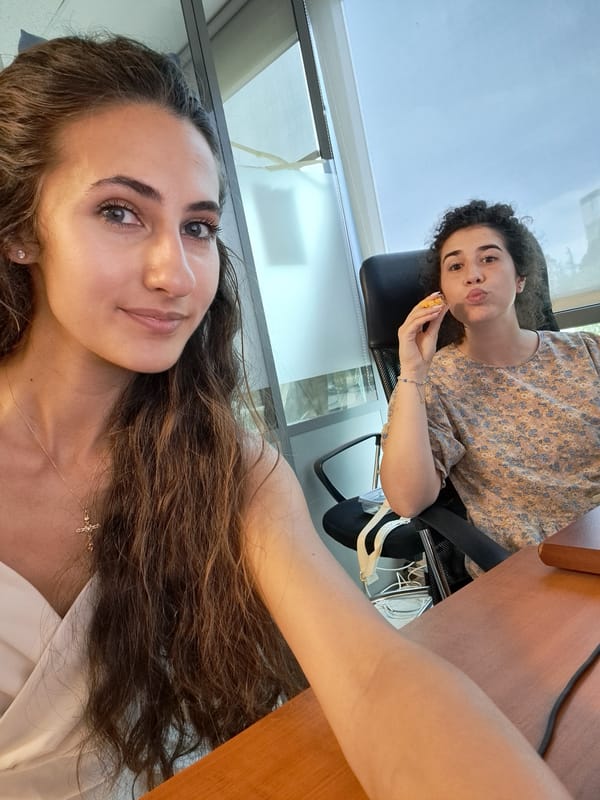 Casual selfies and snacks at an office desk