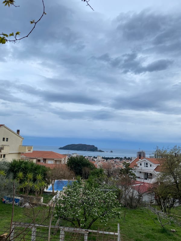 Elevated views of Budva's coastal cityscape captured
