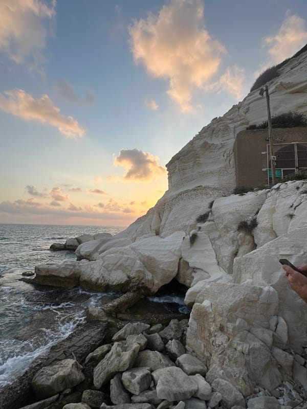 Sunset at Rosh HaNikra's rocky Mediterranean coastline
