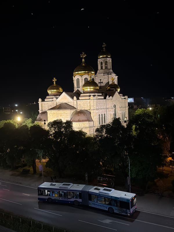 Varna's illuminated cathedral glows at night