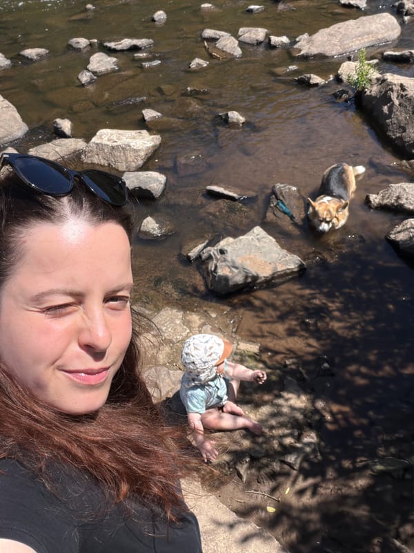 Riverside family time with baby and corgi in Meisenheim