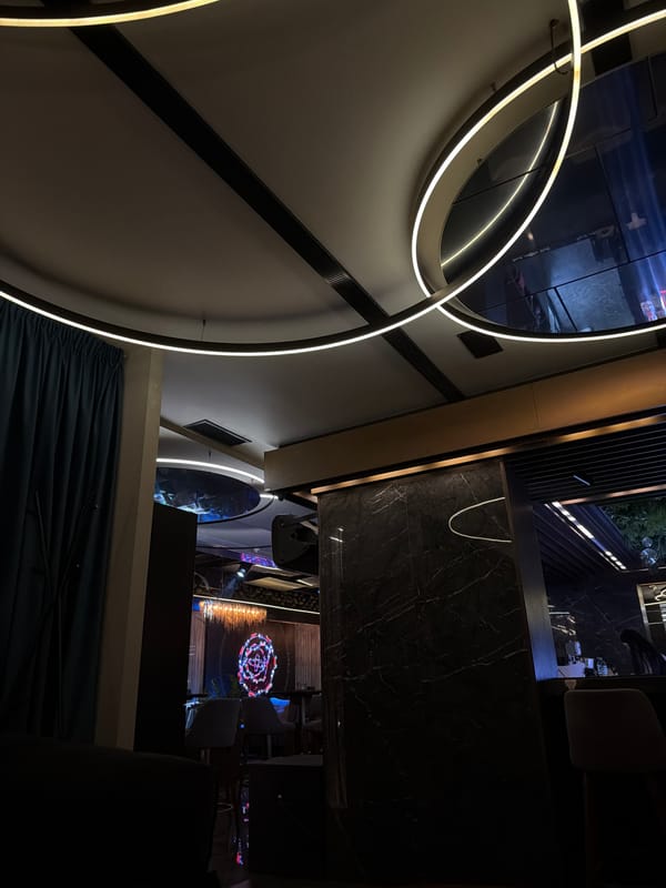 Modern interior with circular light fixtures documented by witness