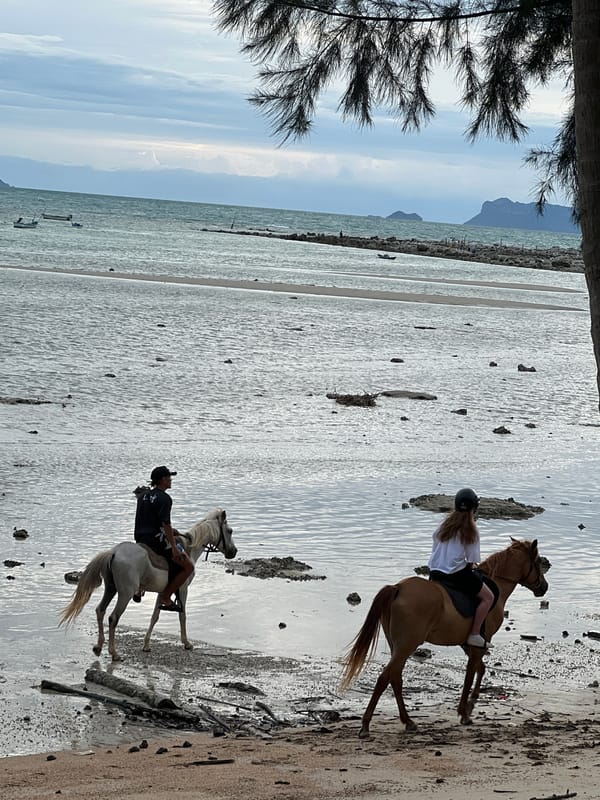 Horseback riding along the Ko Samui shoreline on a cloudy day