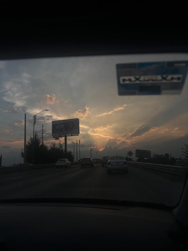 Traffic jam creates dramatic scene during golden hour in Cholula