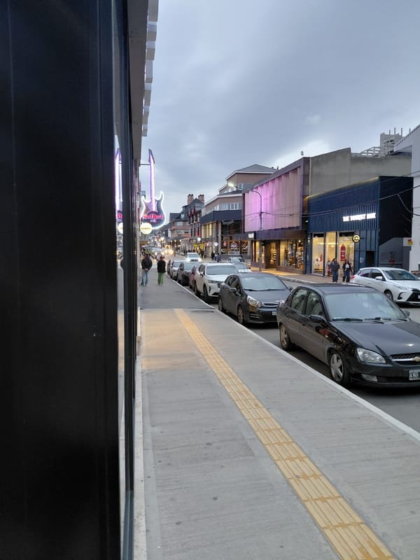 Street scene captured from vehicle interior in Ushuaia, Argentina