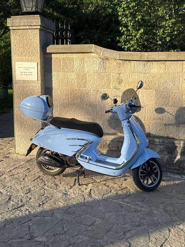 Blue scooter parked near park entrance in Podgorica