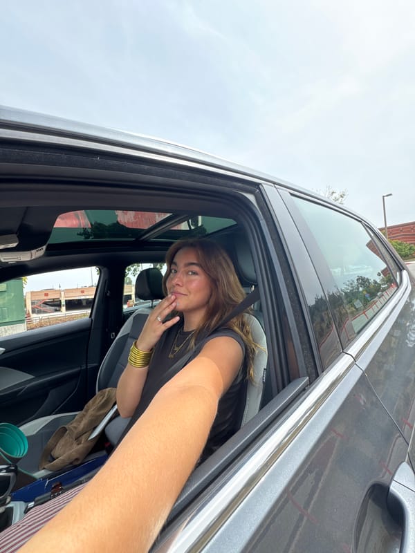 Woman photographed smiling in car in Los Angeles