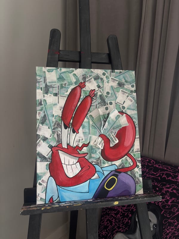 Mr. Krabs painting with Russian currency displayed in Krasnoyarsk