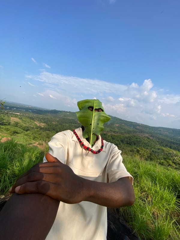 Person creates leaf mask art photos on Achara hilltop