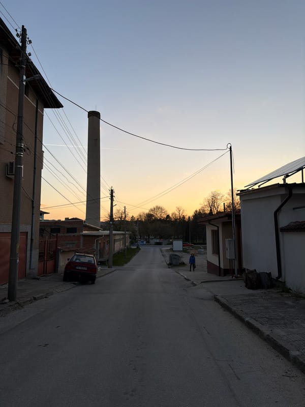 Street scenes documented across Panagyurishte, Bulgaria during evening hours