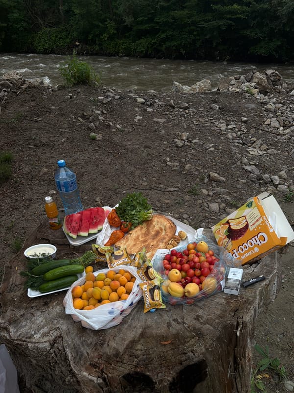 Riverside picnic spread on a tree stump in Vahagni, Armenia