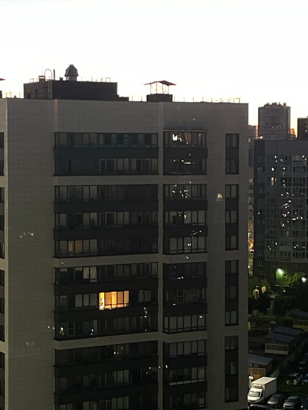 Sinyavino apartment blocks at dusk, dusk to dark