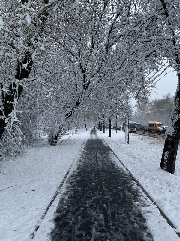 Late spring snowfall blankets street in Odintsovo, Russia