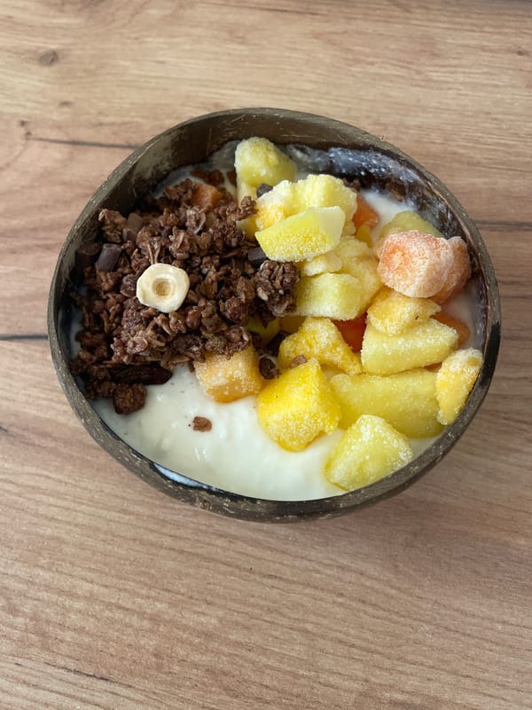 Breakfast bowl with yogurt and granola captured in Bulgaria