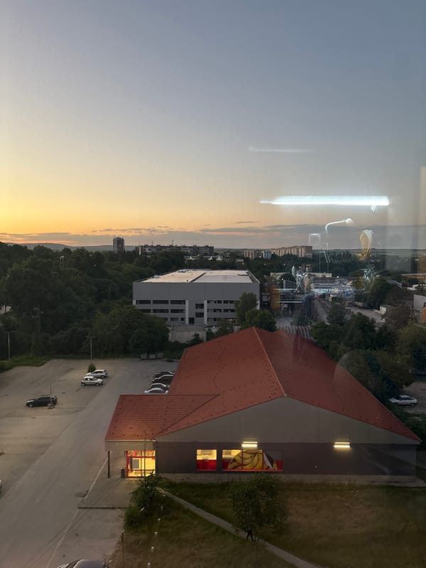 Evening moments captured across Lovech, Bulgaria include sunset views, car repair