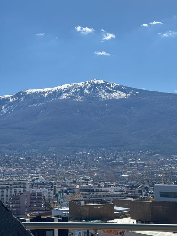 Sofia cityscape viewed with snow-capped mountains under clear skies