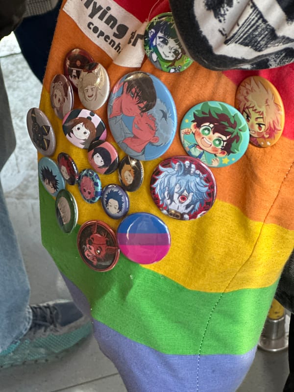 Anime buttons spotted on rainbow fabric in Paris