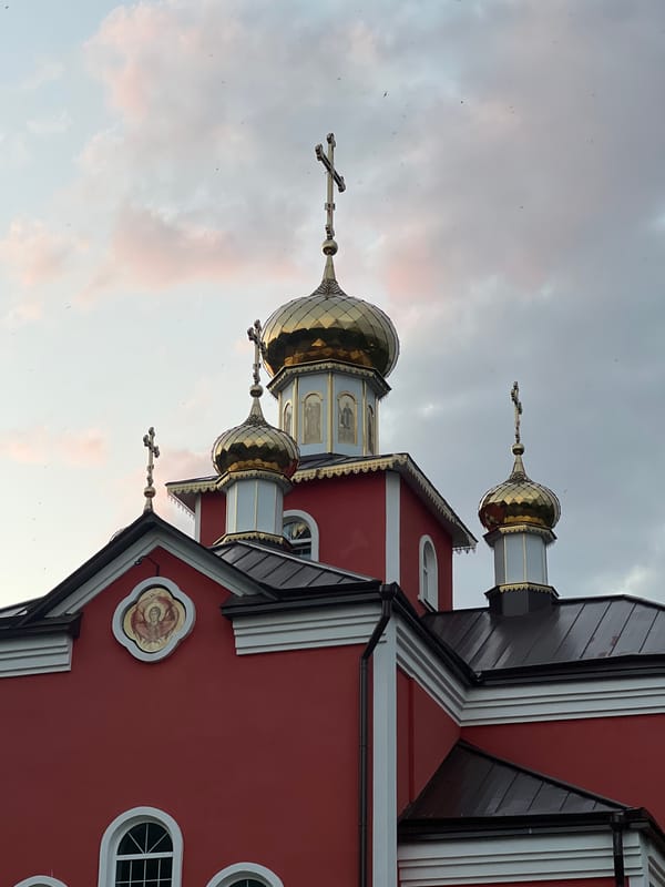 Orthodox church and birch trees in Salihorsk, Belarus