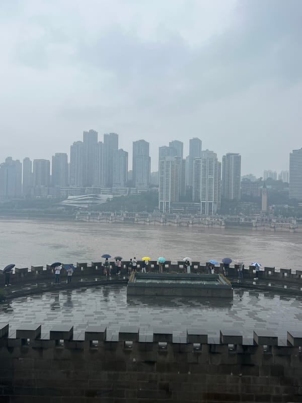 Rainy morning along Chongqing's Yangtze riverfront