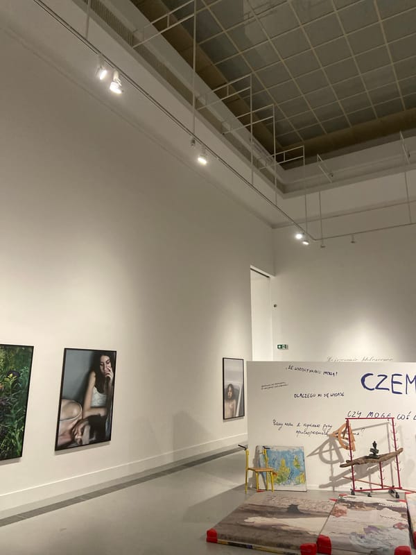 Inside a Warsaw contemporary art exhibition, mid-afternoon