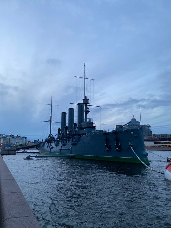 Evening visit to the Aurora museum ship on the Neva River
