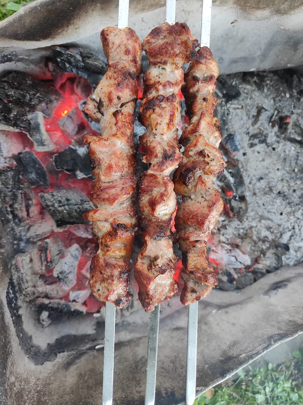 Pork skewers over glowing embers on a Lithuanian grill