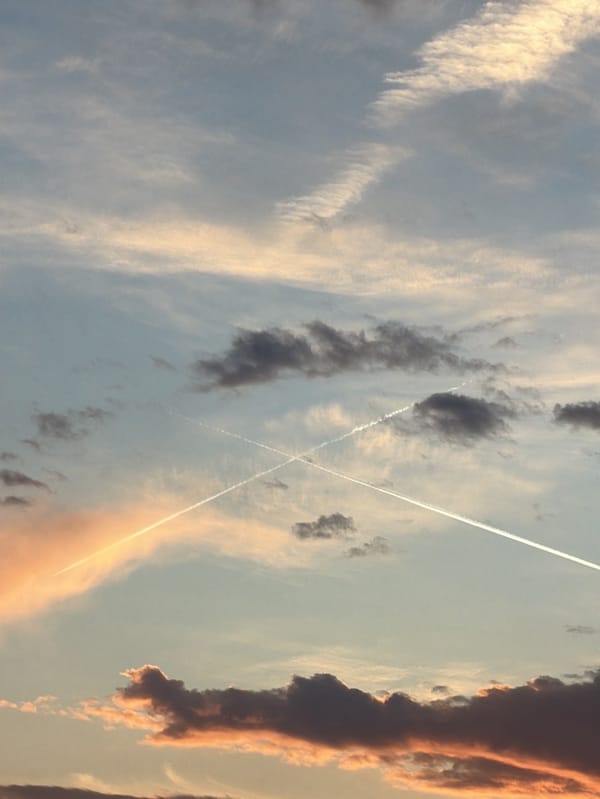 Aircraft contrails form X-pattern in New York evening sky