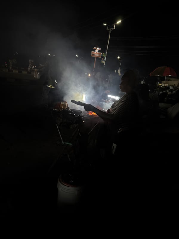 Night food vendor grills meat at Nigerian street stand
