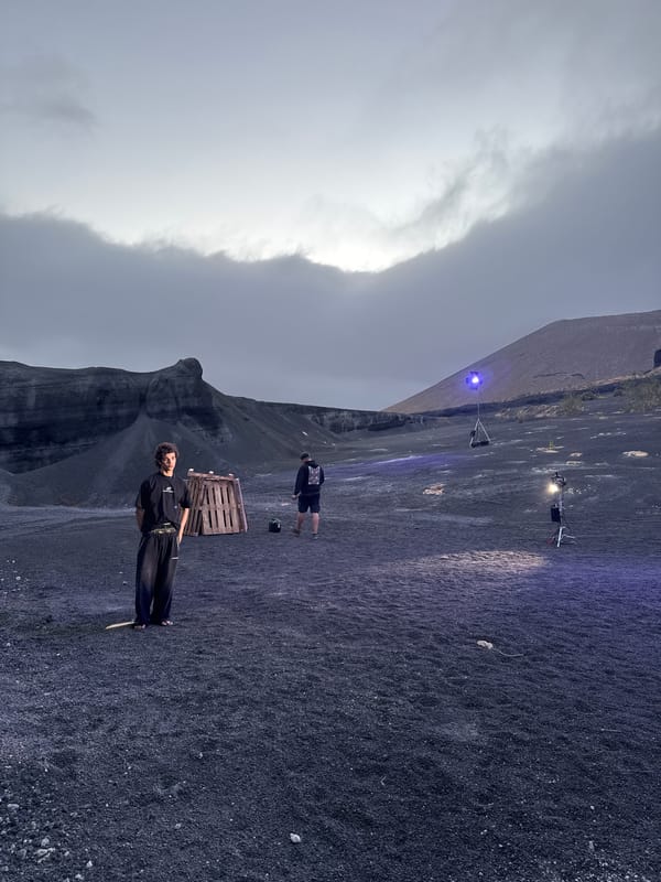 Film crew shoots on volcanic terrain in Teguise, Spain