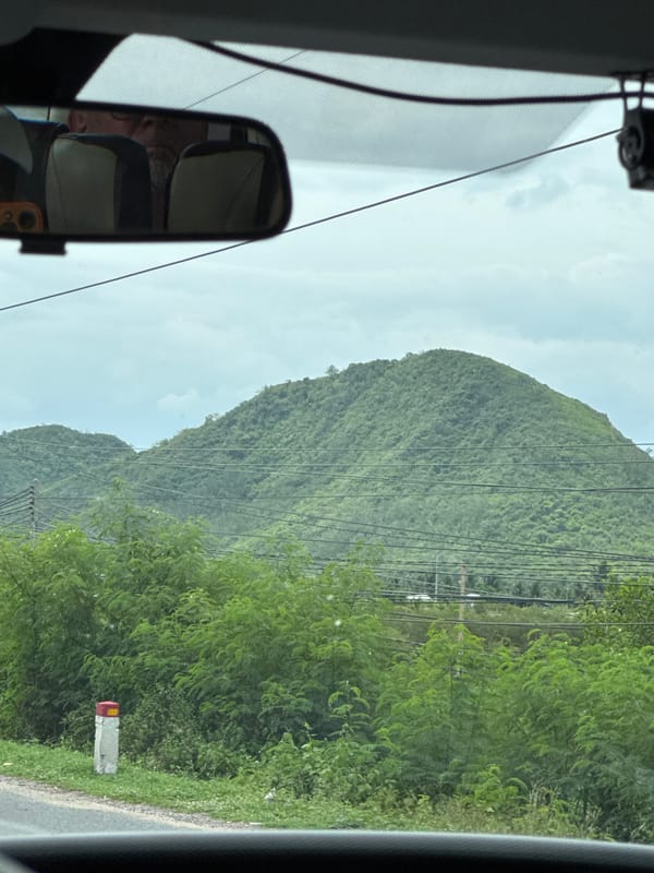 Rolling green hills and palm trees along a Ninh Ích roadside