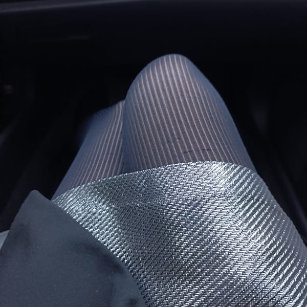 Person in striped tights photographed in vehicle, Markovo
