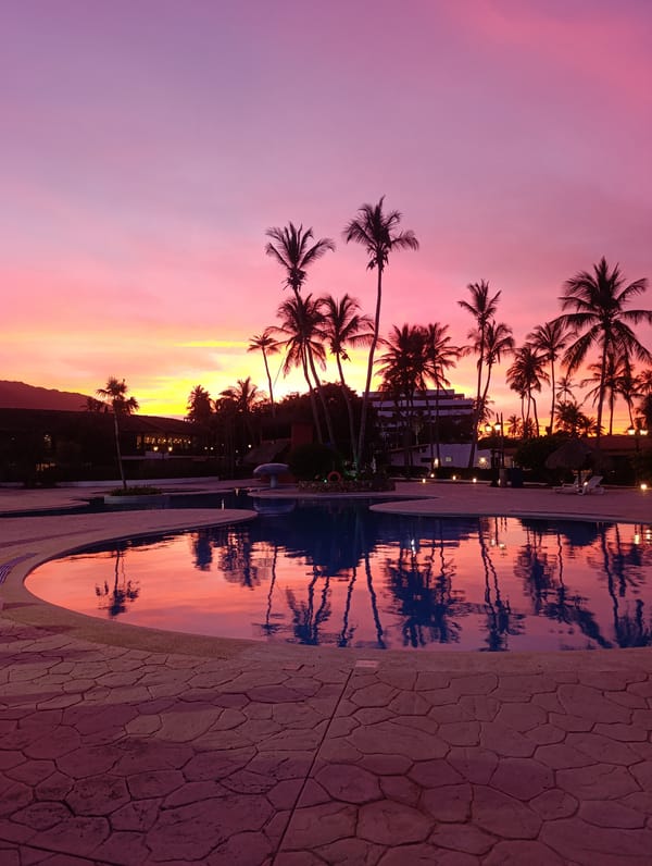 Tropical resort sunset displays dramatic purple-pink sky gradient
