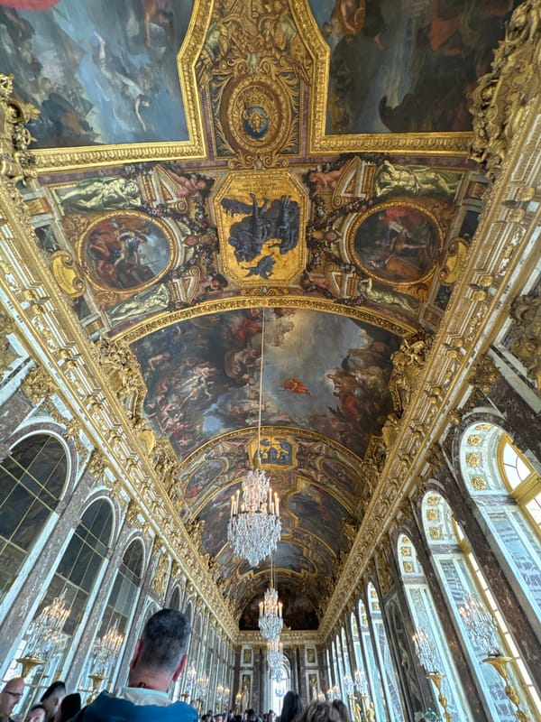 Tourist captures decorated ceiling in Versailles Hall of Mirrors