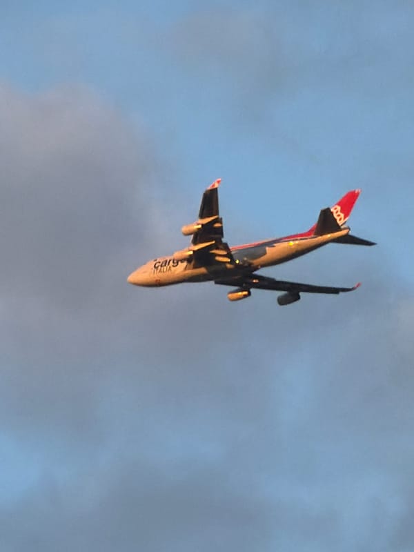 Dusk over Esch-sur-Alzette, skies, rooftops, and a passing cargo jet