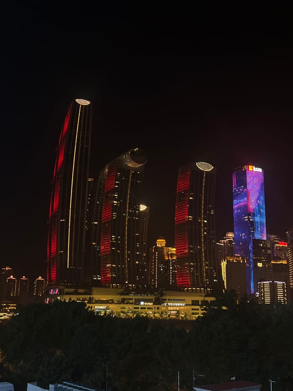 Chongqing's Jiangbeicheng skyline lit up at night