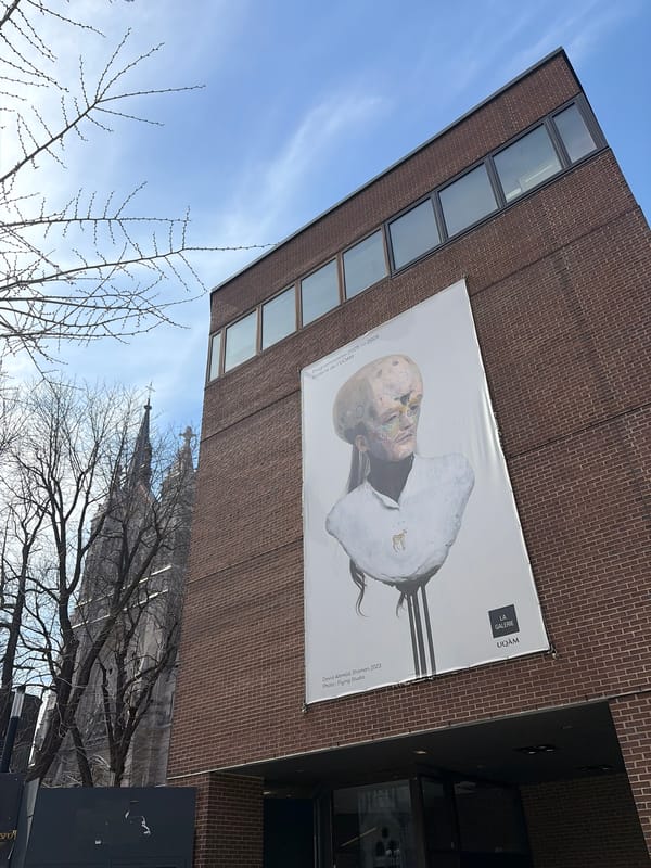 Montreal moments: Art exhibition poster and visitor at basilica