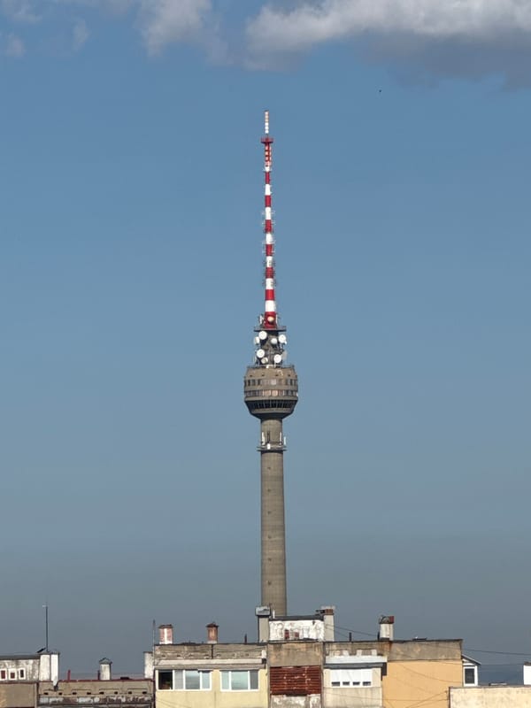 Striped TV and radio tower stands tall in Ruse, Bulgaria